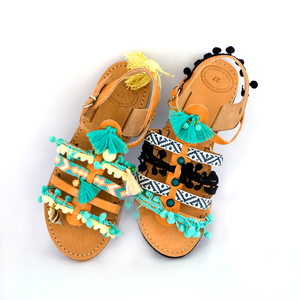 #Karma Beach# & #Βinalong Βay# Sandals - δέρμα, ημιπολύτιμες πέτρες, καλοκαιρινό, με φούντες, κοχύλι, pom pom, χειροποίητα, πέτρες, boho, ethnic, ankle strap