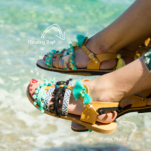 #Karma Beach# & #Βinalong Βay# Sandals - δέρμα, ημιπολύτιμες πέτρες, καλοκαιρινό, με φούντες, κοχύλι, pom pom, χειροποίητα, πέτρες, boho, ethnic, ankle strap - 2
