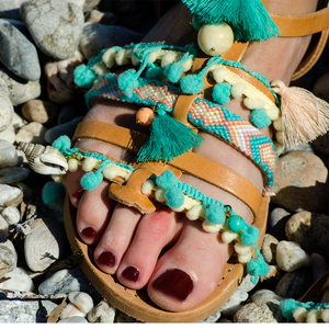 #Karma Beach# & #Βinalong Βay# Sandals - δέρμα, ημιπολύτιμες πέτρες, καλοκαιρινό, με φούντες, κοχύλι, pom pom, χειροποίητα, πέτρες, boho, ethnic, ankle strap - 3