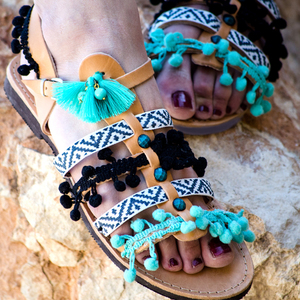 #Karma Beach# & #Βinalong Βay# Sandals - δέρμα, ημιπολύτιμες πέτρες, καλοκαιρινό, με φούντες, κοχύλι, pom pom, χειροποίητα, πέτρες, boho, ethnic, ankle strap - 4