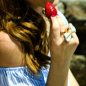 Stripe Button Ring - statement, ύφασμα, φιόγκος, ριγέ, ξύλο, vintage, μέταλλο, μεγάλα, αυξομειούμενα, φθηνά - 2