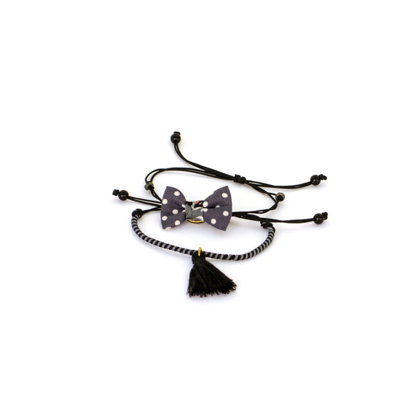 Bow Bracelets Set Polka Grey - ημιπολύτιμες πέτρες, ύφασμα, φιόγκος, charms, νήμα, πουά, πουά, με φούντες, με φούντες, αιματίτης, βραχιόλι, βραχιόλια, κορδόνια, χειροποίητα, φλοράλ, romantic, σετ, αυξομειούμενα, σετ κοσμημάτων