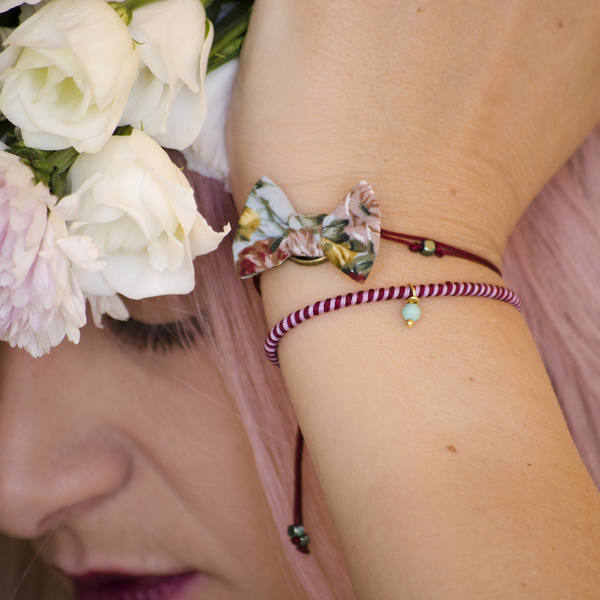 Bow Bracelets Set Floral - ημιπολύτιμες πέτρες, ημιπολύτιμες πέτρες, ύφασμα, φιόγκος, vintage, charms, νήμα, αιματίτης, βραχιόλι, βραχιόλια, κορδόνια, χειροποίητα, φλοράλ, romantic, σετ, αυξομειούμενα, σετ κοσμημάτων - 4
