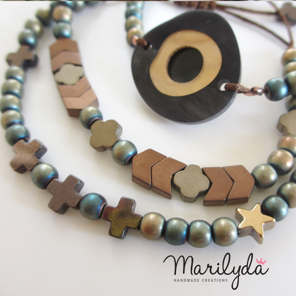 Χειροποίητο βραχιόλι από ματ αιματίτη μπρονζέ - ημιπολύτιμες πέτρες, chic, charms, ιδιαίτερο, μοναδικό, μοντέρνο, γυναικεία, δώρο, σταυρός, αιματίτης, βραχιόλι, κορδόνια, χειροποίητα, χάντρες, για όλες τις ώρες, minimal, αυξομειούμενα - 3