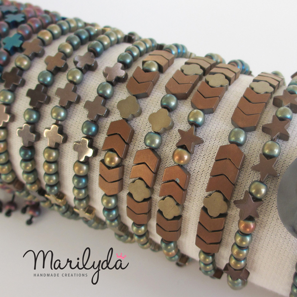 Χειροποίητο βραχιόλι από ματ αιματίτη μπρονζέ - ημιπολύτιμες πέτρες, chic, charms, ιδιαίτερο, μοναδικό, μοντέρνο, γυναικεία, δώρο, σταυρός, αιματίτης, βραχιόλι, κορδόνια, χειροποίητα, χάντρες, για όλες τις ώρες, minimal, αυξομειούμενα - 4