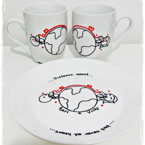 NEW!!!Σετ 2κούπες και πιατάκι "...Distance apart" - ιδιαίτερο, αγάπη, πρωτότυπο, χειροποίητα, πορσελάνη, δωράκι, personalised, ερωτευμένοι