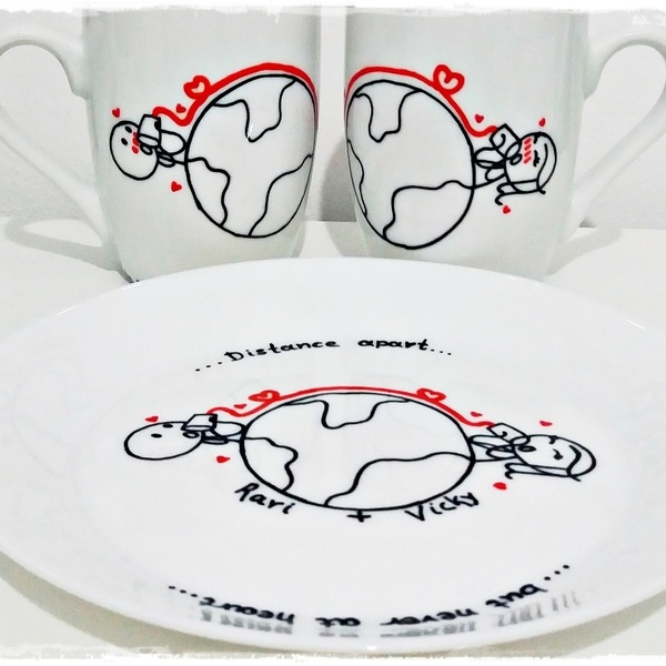NEW!!!Σετ 2κούπες και πιατάκι "...Distance apart" - ιδιαίτερο, αγάπη, πρωτότυπο, χειροποίητα, πορσελάνη, δωράκι, personalised, ερωτευμένοι - 2