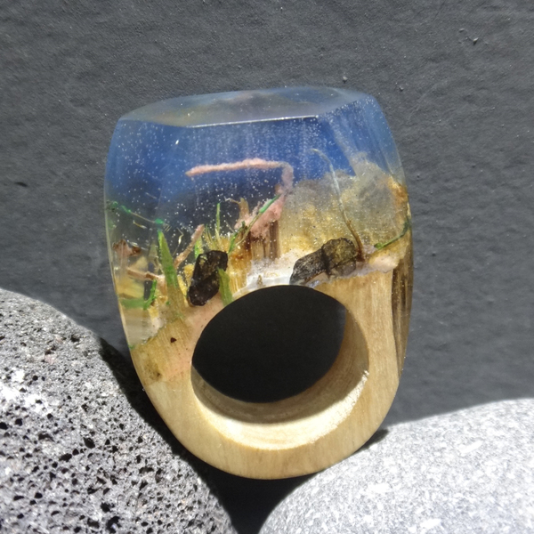 Ξύλινο Δαχτυλίδι ρητίνης “Underwater” - statement, ξύλο, ρητίνη, δαχτυλίδι, ξύλινο, κερί, σταθερά, μεγάλα - 4
