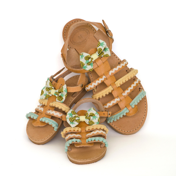 Pineapple Sandals Σετ Mother & Daughter (Ειδική Τιμή) - δέρμα, βαμβάκι, φιόγκος, chic, μοντέρνο, pom pom, σανδάλια, χειροποίητα, romantic, σετ, φλατ, μαμά και κόρη, ankle strap