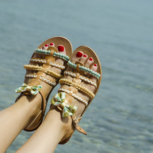 Pineapple Sandals Σετ Mother & Daughter (Ειδική Τιμή) - δέρμα, βαμβάκι, φιόγκος, chic, μοντέρνο, pom pom, σανδάλια, χειροποίητα, romantic, σετ, φλατ, μαμά και κόρη, ankle strap - 4
