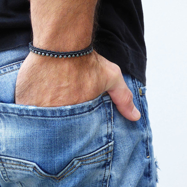 Ανδρικό βραχιόλι μακραμέ Hematite grey - αιματίτης, βραχιόλια, δώρα για άντρες, αντρικά βραχόλια - 2