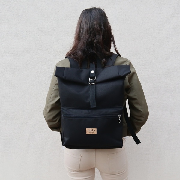 Μαύρο Σακίδιο Πλάτης // Roll top Backpack - πλάτης, σακίδια πλάτης, all day, vegan friendly - 4
