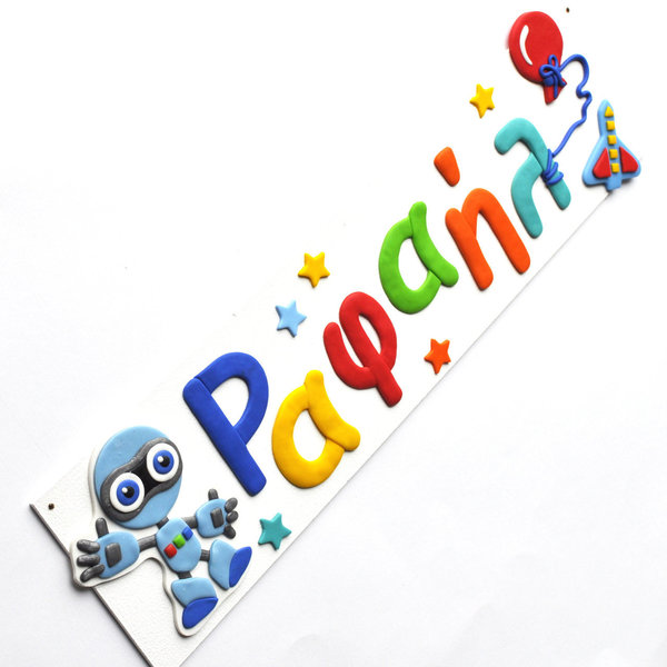 Πίνακας με όνομα και χειροποίητο ρομπότ από πολυμερικό πηλό (11*44εκ.) - χειροποίητα, δώρα για βάπτιση, personalised, ταμπέλα, δωμάτιο παιδιών, προσωποποιημένα - 2