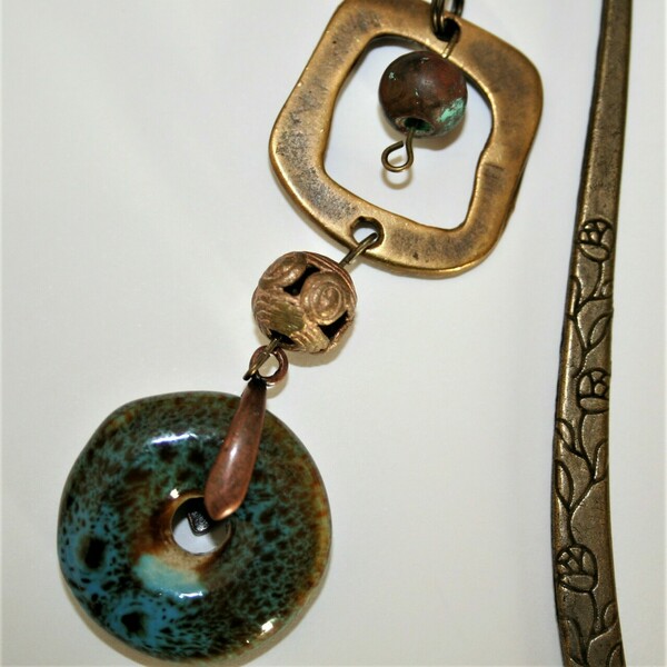 Εθνικ σελιδοδείκτης, μοναδικός, ορείχαλκος, ινδική, κεραμική τυρκουάζ χάντρα - ορείχαλκος, σελιδοδείκτες, ethnic, πρωτότυπα δώρα - 2