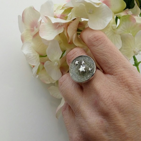 Δαχτυλίδι με γκλίτερ και μεταλλικά αστέρια - αστέρι, μεγάλα, επιροδιωμένα, αυξομειούμενα, φθηνά - 2