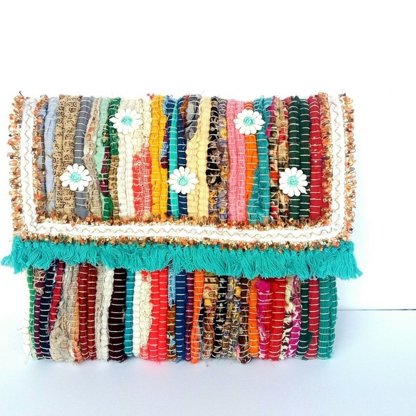 Τσάντα κουρελού με μαργαρίτες τυρκουάζ - ύφασμα, φάκελοι, χειροποίητα, boho, χειρός, βραδινές, μικρές, φθηνές - 2