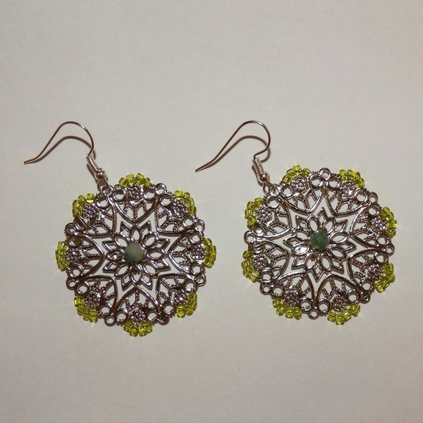 Επάργυρα σκουλαρίκια με κεντητές χάντρες και πέτρα - επάργυρα, πέτρες, κρεμαστά, μεγάλα, γάντζος - 3