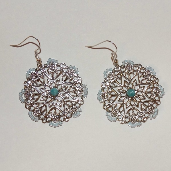 Επάργυρα σκουλαρίκια με κεντητές χάντρες και πέτρα - επάργυρα, πέτρες, κρεμαστά, μεγάλα, γάντζος - 4