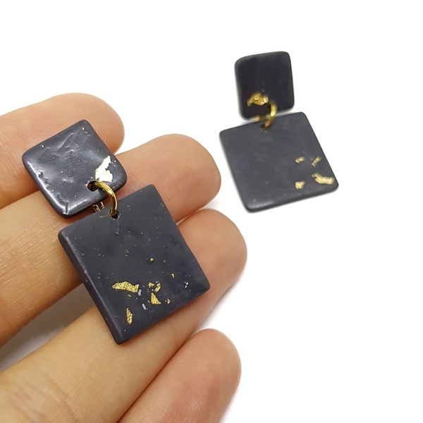 Μαύρο ζευγάρι με χρυσές λεπτομέρειες και glossy επιφάνεια. - πηλός, μικρά, boho, κρεμαστά, faux bijoux - 3