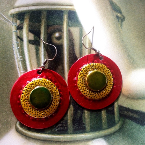 Πολύχρωμα σκουλαρίκια "Δίσκος" - αλπακάς, γεωμετρικά σχέδια, κρεμαστά, μεγάλα, φθηνά - 3