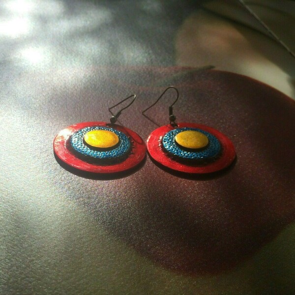 Πολύχρωμα σκουλαρίκια "Δίσκος" - αλπακάς, γεωμετρικά σχέδια, κρεμαστά, μεγάλα, φθηνά - 5