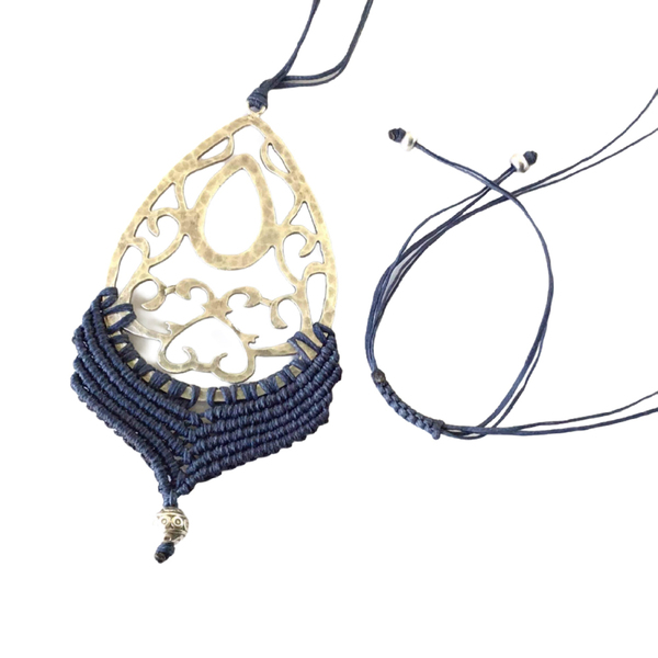 Κολιέ μακραμέ χειροποίητο με μεταλλικά στοιχεία, ρυθμιζόμενο - μακραμέ, μακριά, boho - 2