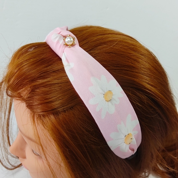 Στέκα ροζ με κόμπο φλοράλ και πέρλες - φλοράλ, απαραίτητα καλοκαιρινά αξεσουάρ, πέρλες, μοδάτο, στέκες - 2