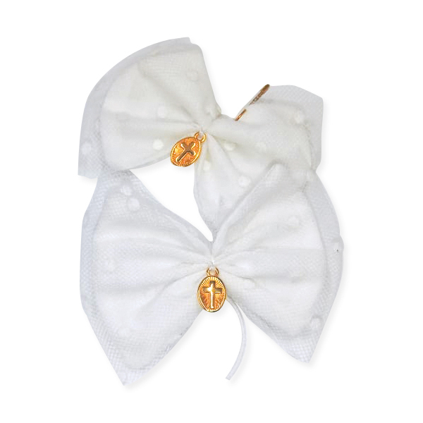 Μαρτυρικά "τούλινο πουά φιογκάκι", επίχρυσος σταυρός, 20 τμχ. - φιόγκος, κορίτσι, μαρτυρικά