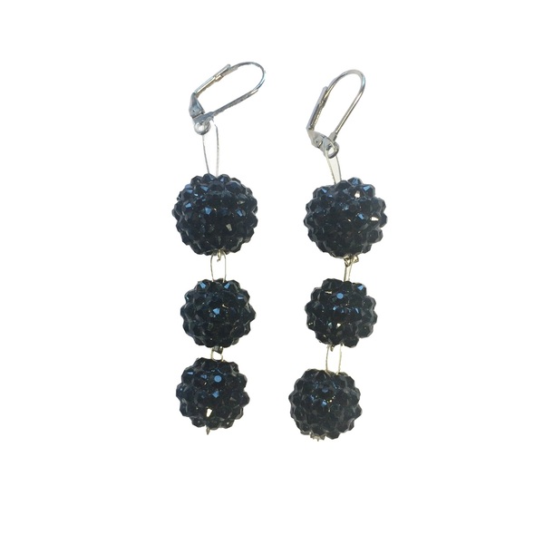 Κρεμαστά σκουλαρίκια "τριπλή χάντρα-στρας" μαύρα - μακριά, κρεμαστά, μεγάλα, φθηνά