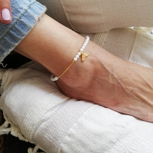 Βραχιόλι ποδιού anklet με επίχρυση ουρά γοργόνας, επίχρυση μπάρα και λευκές κοντερίες - επιχρυσωμένα, γοργόνα, ποδιού - 3