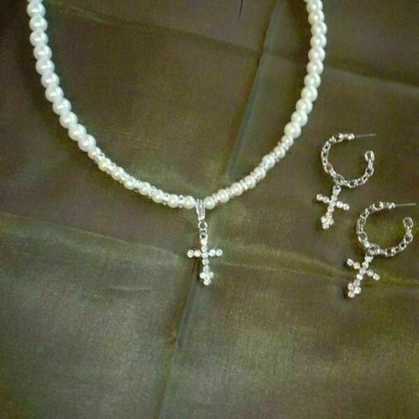 ΧΕΙΡΟΠΟΙΗΤΟ Κοντο Κολιε με Περλες ,Ροδελες ασημι με στρας και Σταυρο ασημι με στρας - charms, σταυρός, κοντά, πέρλες - 5