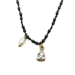 Sparkling drops, κολιέ με αιματιτη και κρεμαστα στοιχεια - charms, αιματίτης, κοντά, πέρλες - 3