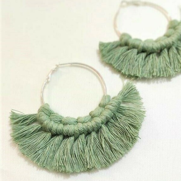BOHO macrame eycalyptus earrings - ορείχαλκος, μακραμέ, κρίκοι, boho, φθηνά