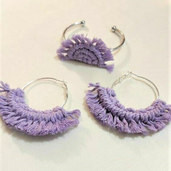 BOHO macrame levander earrings - ορείχαλκος, μακραμέ, κρίκοι, boho, φθηνά - 3