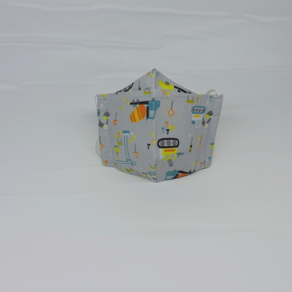 Παιδική μάσκα προστασίας 3D χειροποίητη με διπλό βαμβακερό γκρι ύφασμα φορτηγά small - βαμβάκι, αγόρι, χειροποίητα, μάσκες προσώπου, παιδικές μάσκες - 3