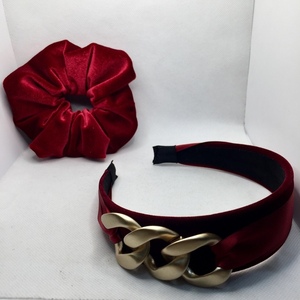 Σετ ''Santa is in town'' βελούδινη στέκα με χοντρή αλυσίδα και λαστιχάκι ( scrunchie) για τα μαλλιά ( 2τμχ) - ύφασμα, λαστιχάκι, βελούδο, στέκες - 2