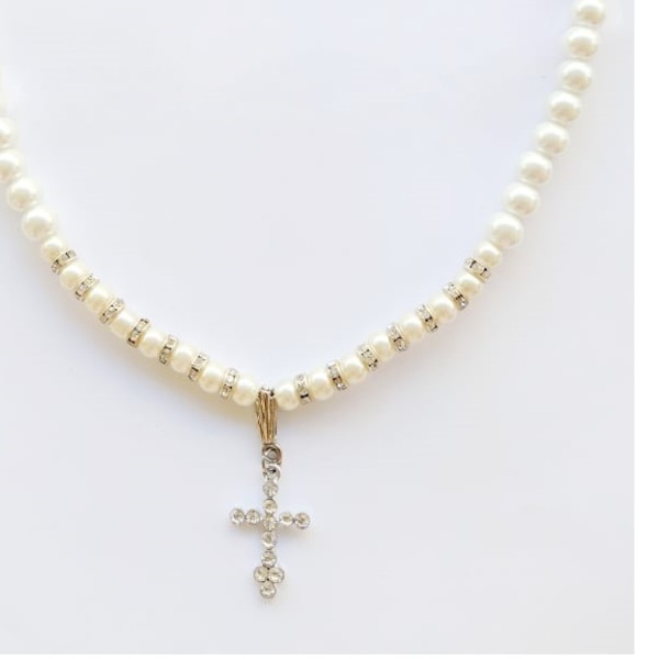 ΧΕΙΡΟΠΟΙΗΤΟ Κοντο Κολιε με Περλες ,Ροδελες ασημι με στρας και Σταυρο ασημι με στρας - charms, σταυρός, κοντά, πέρλες - 3