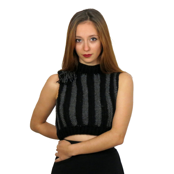 Πλεκτό χειροποίητο μαύρο-γκρι μπλουζάκι - ακρυλικό, crop top - 2