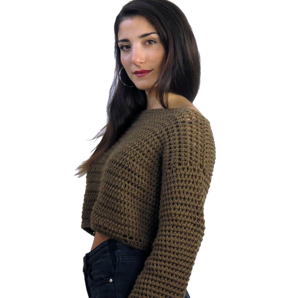 Πλεκτό χειροποίητο καφέ πουλόβερ - ακρυλικό, μακρυμάνικες - 3