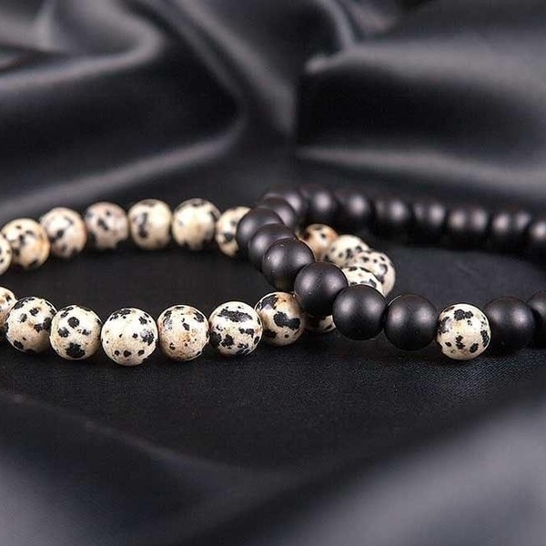 SET of 2 BRACELETS of BLACK MATRIX ONYX and DALMATIAN JASP - ημιπολύτιμες πέτρες, γυναικεία, χάντρες, χεριού, φθηνά