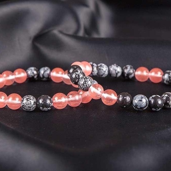 SET OF 2 BRACELETS OF SNOWFLAKES ONYX AND QUARTZ WATERMELON - ημιπολύτιμες πέτρες, γυναικεία, χάντρες, χεριού, φθηνά