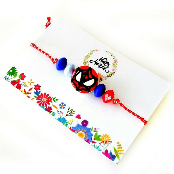 "Μάρτης" με αράχνη από πολυμερικό πηλό και άσπρο-κόκκινο κορδόνι - ξύλο, μαρτάκια, χεριού, βραχιόλι παιδικό, αυξομειούμενα - 2