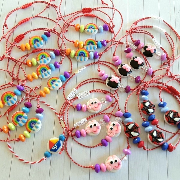 "Μάρτης" με αράχνη από πολυμερικό πηλό και άσπρο-κόκκινο κορδόνι - ξύλο, μαρτάκια, χεριού, βραχιόλι παιδικό, αυξομειούμενα - 3