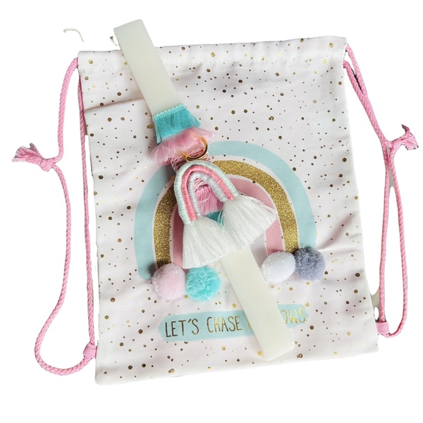 Σετ λαμπάδα λευκή 32 εκ. και σακίδιο ουράνιο τόξο 2 τεμ. - λαμπάδες, ουράνιο τόξο, για παιδιά, για εφήβους