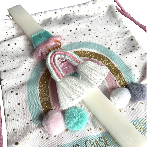 Σετ λαμπάδα λευκή 32 εκ. και σακίδιο ουράνιο τόξο 2 τεμ. - λαμπάδες, ουράνιο τόξο, για παιδιά, για εφήβους - 2