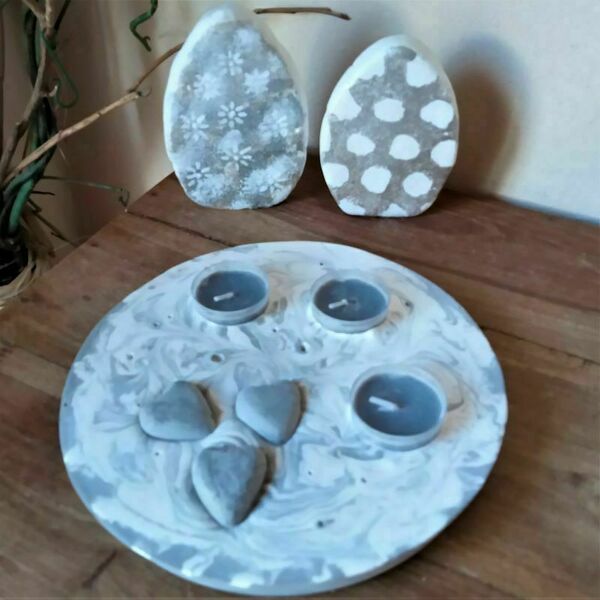 Σετ 2 διακοσμητικά επιτραπέζια αυγά, από λευκό τσιμέντο και χαρτοπολτό - σετ, διακοσμητικά, για ενήλικες - 5