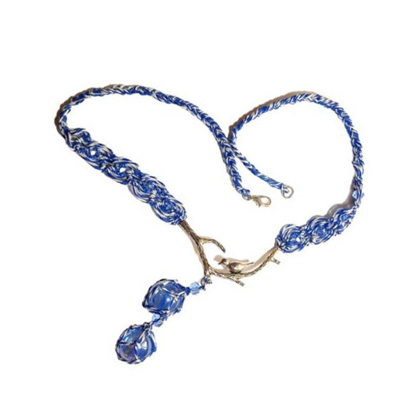 Κολιε κρεμαστο *BLUE FROST* με τεχνη μακραμε - γυαλί, κορδόνια, χάντρες, κοντά, μενταγιόν - 5