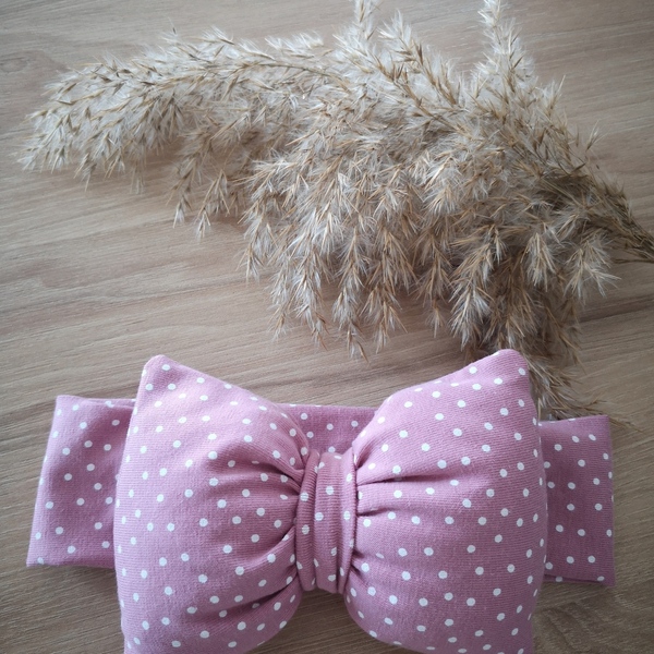 κορδελα ελαστική με φουσκωτο φιογκο σε χρωμα ροζ με λευκο πουα για παιδια απο 0-7ετων - κορδέλα, μαλλιά, βαμβακερές κορδέλες, βρεφικά, αξεσουάρ μαλλιών - 3