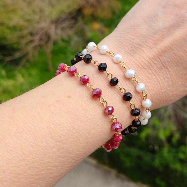 Βραχιόλι επίχρυσο ροζάριο με μπορντό χάντρες - γυαλί, επιχρυσωμένα, χεριού, αυξομειούμενα, φθηνά - 4