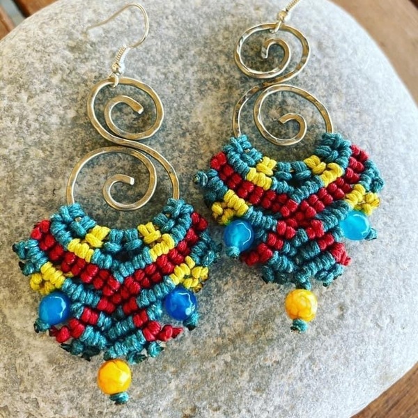 Σκουλαρίκια μακραμέ σε χειροποίητη βάση από αλπακά - ημιπολύτιμες πέτρες, αλπακάς, μακραμέ, boho, κρεμαστά - 3